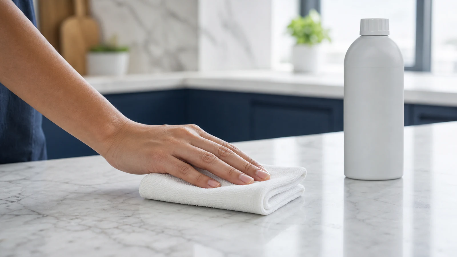 A hand placing a microfibre cloth on a marble countertop next to a bottle of specialist stone cleaner.