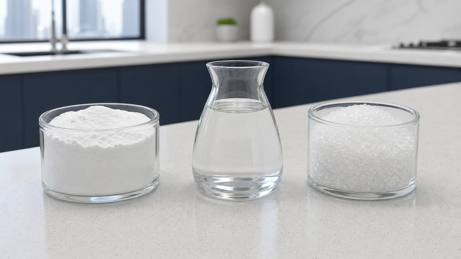 Three clear containers holding baking soda powder, white vinegar, and citric acid crystals side by side on a kitchen countertop.