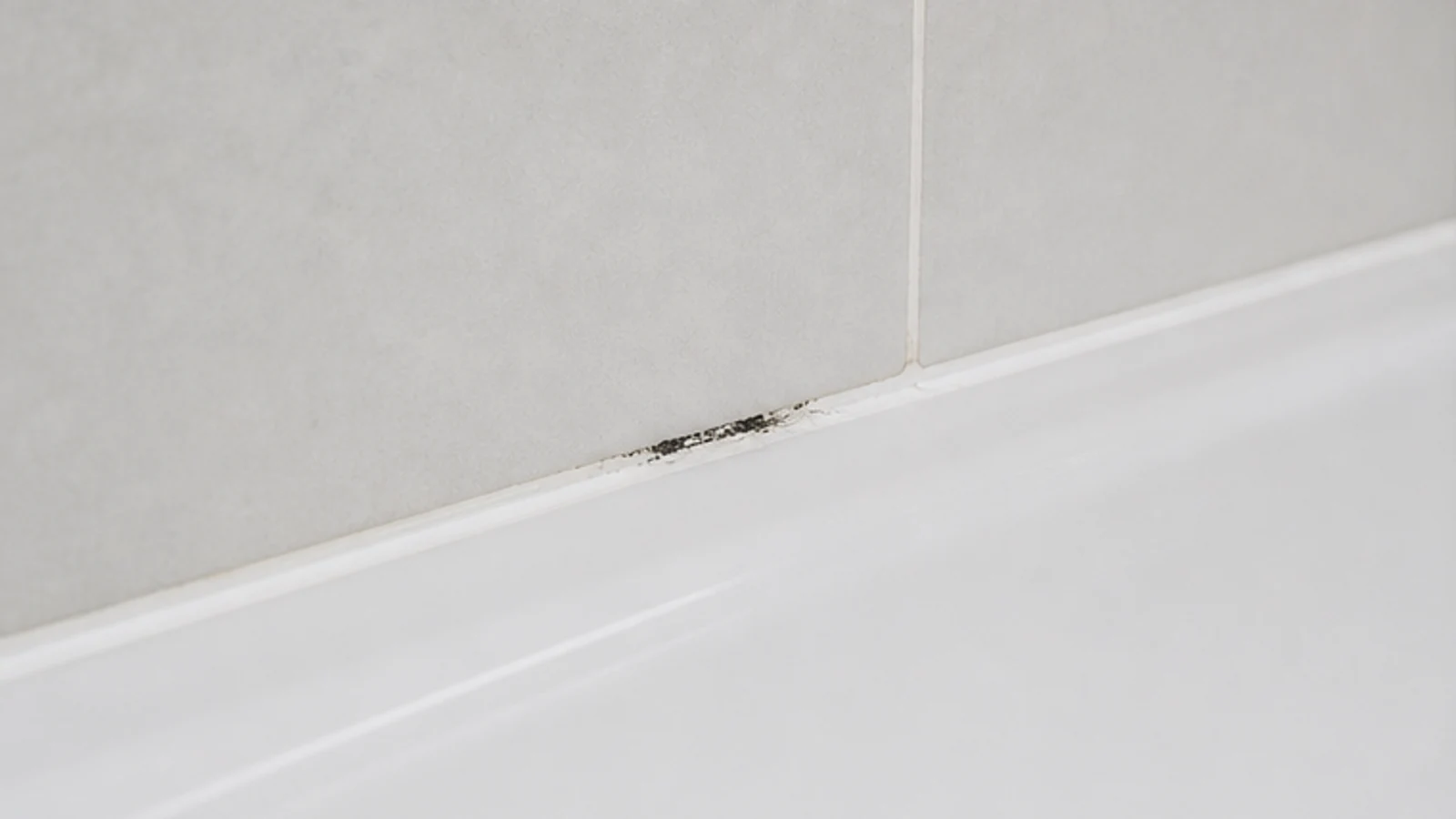 Close-up of white silicone sealant along a shower tray edge with black mould spots visible