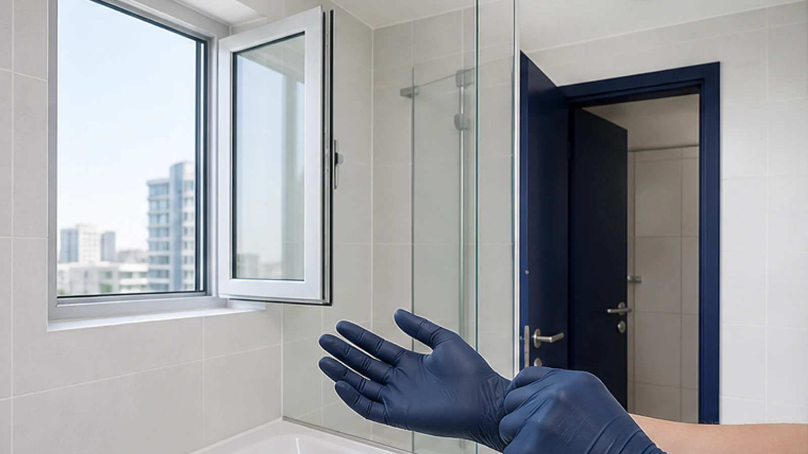 Bathroom with open window and door showing air flow, gloved hands adjusting shower screen