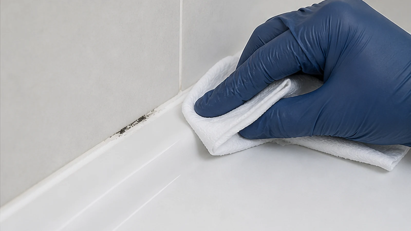 Gloved hand wiping a small mould patch on silicone with a damp white cloth