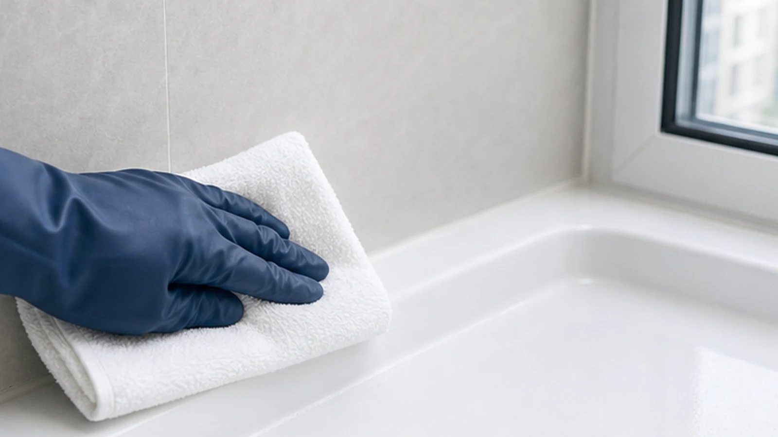 Gloved hand drying cleaned shower silicone with a fresh white towel
