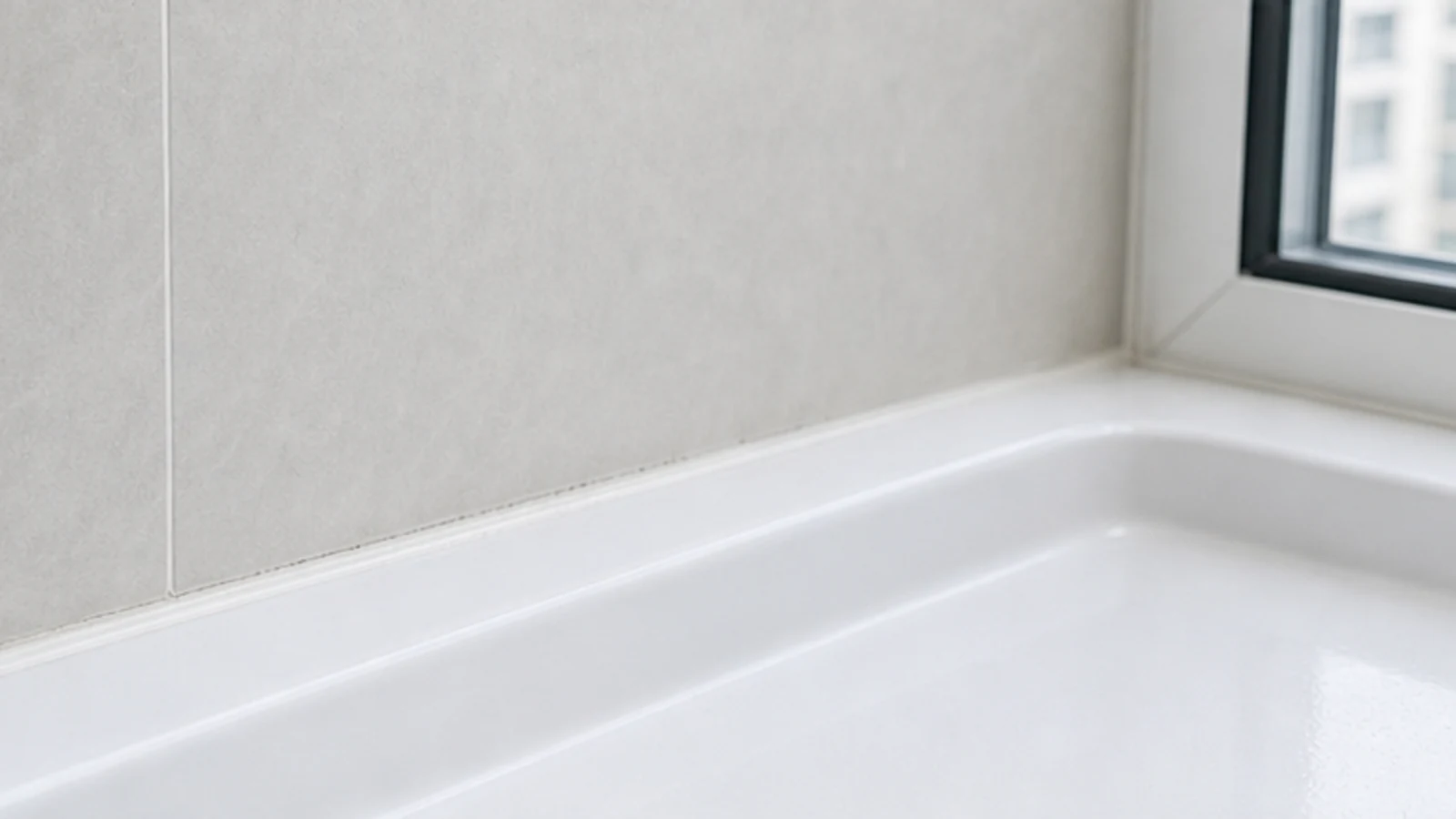 Dried silicone sealant showing lighter colour where mould was treated, bathroom well-lit, ventilation continuing