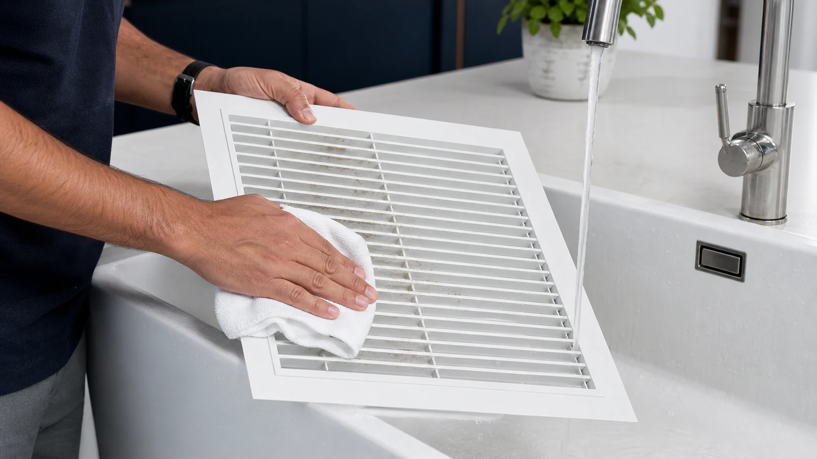 A dry removable AC grille being vacuumed with a soft brush attachment away from the open outlet.