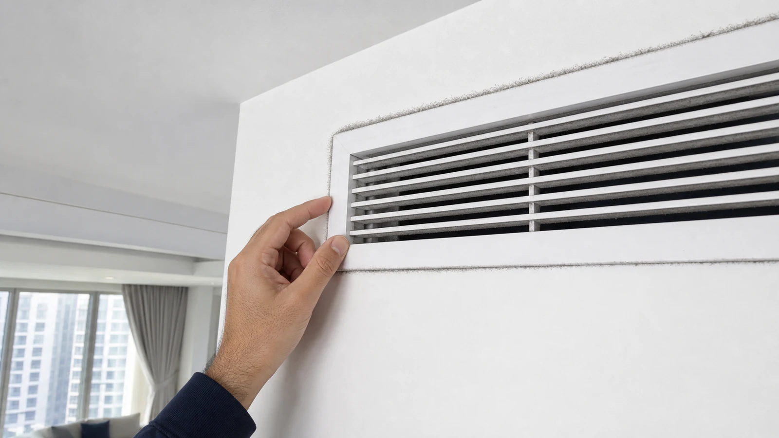 Hand reaching up to inspect an AC wall grille, fingers pointing to the clip fasteners on either side, daylight revealing grey dust around the perimeter.