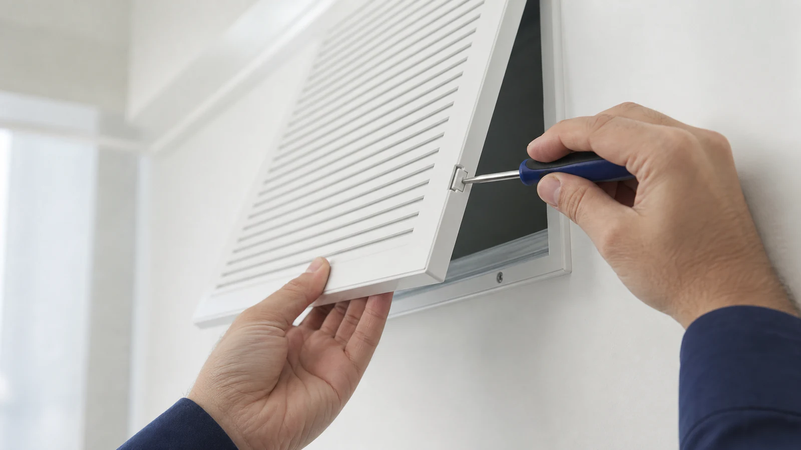 Hands using a small screwdriver to release a plastic clip on the side of an AC grille, about to pull the grille away from the wall mount.