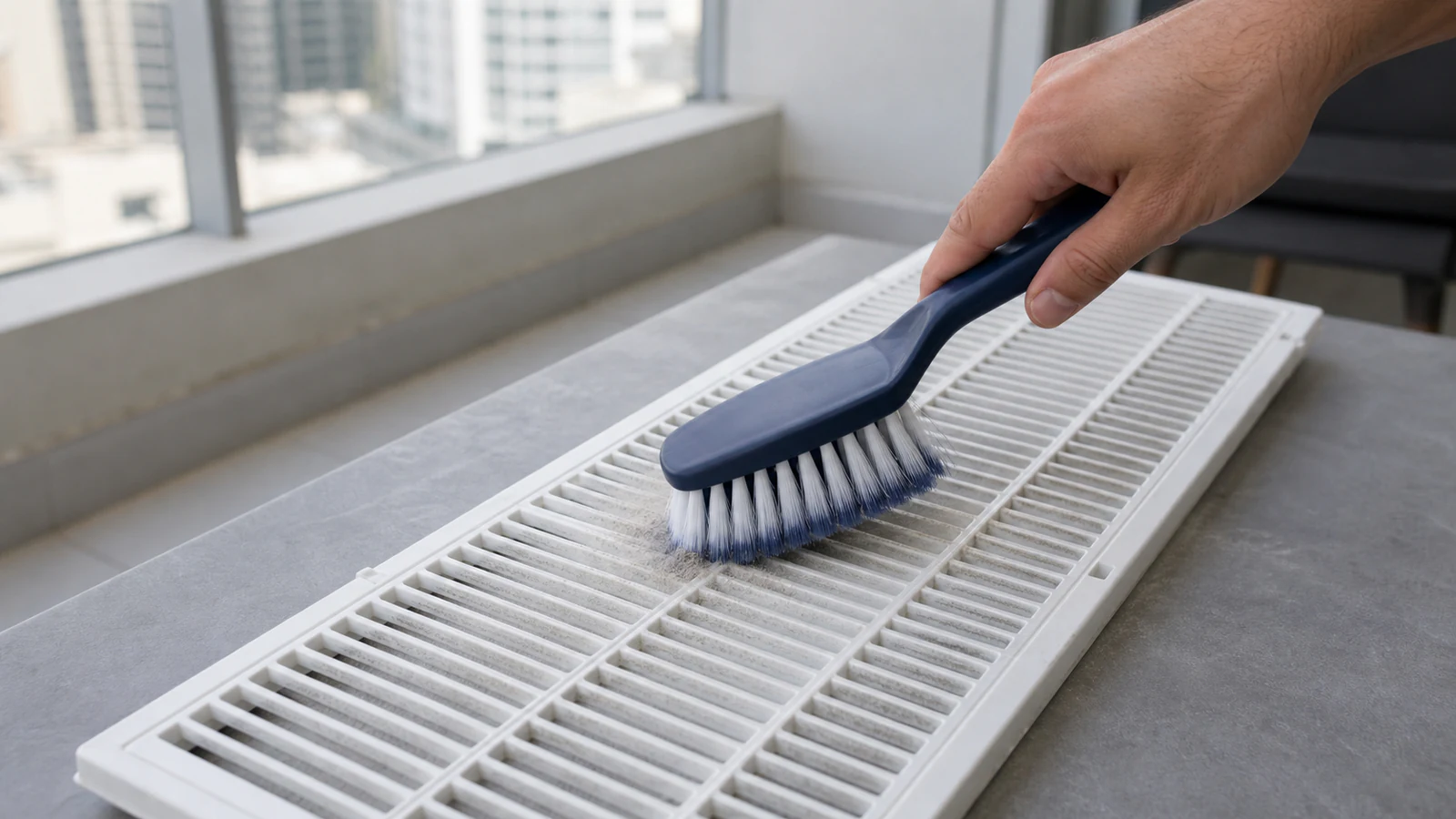 A soft-bristled brush held at a shallow angle, sweeping across the slats of a grille positioned horizontally, dust particles visible in the motion.