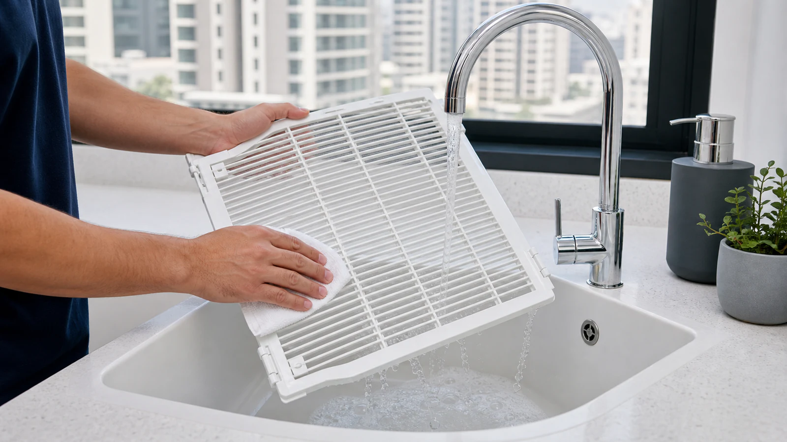 Grille being rinsed under running tap water in a sink, soapy water draining, a soft cloth visible wiping the slats, kitchen sink and daylight visible.
