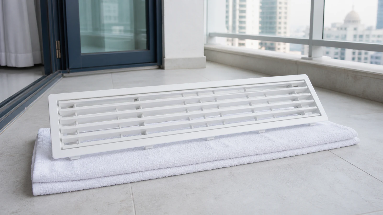 Cleaned AC grille positioned horizontally on a white towel on a balcony or indoor surface, sunlight streaming across it, visibly dry and clean, no moisture visible.