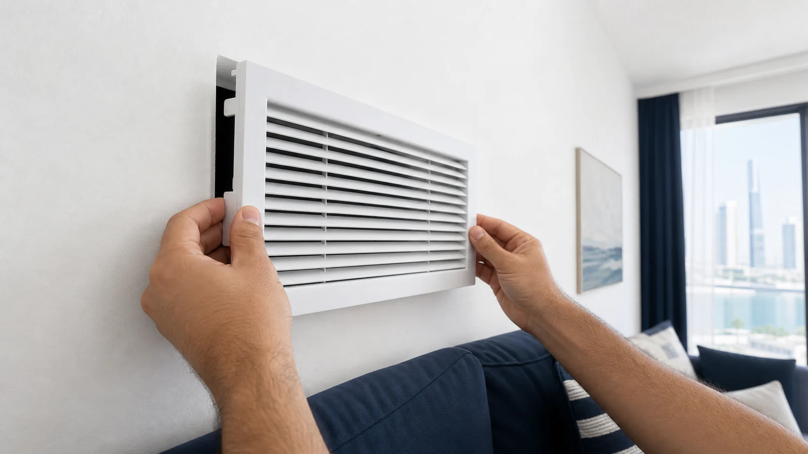 Hands guiding a clean grille back into a wall-mounted AC duct opening, clips aligning, duct interior visible, hand pressure gentle and controlled.