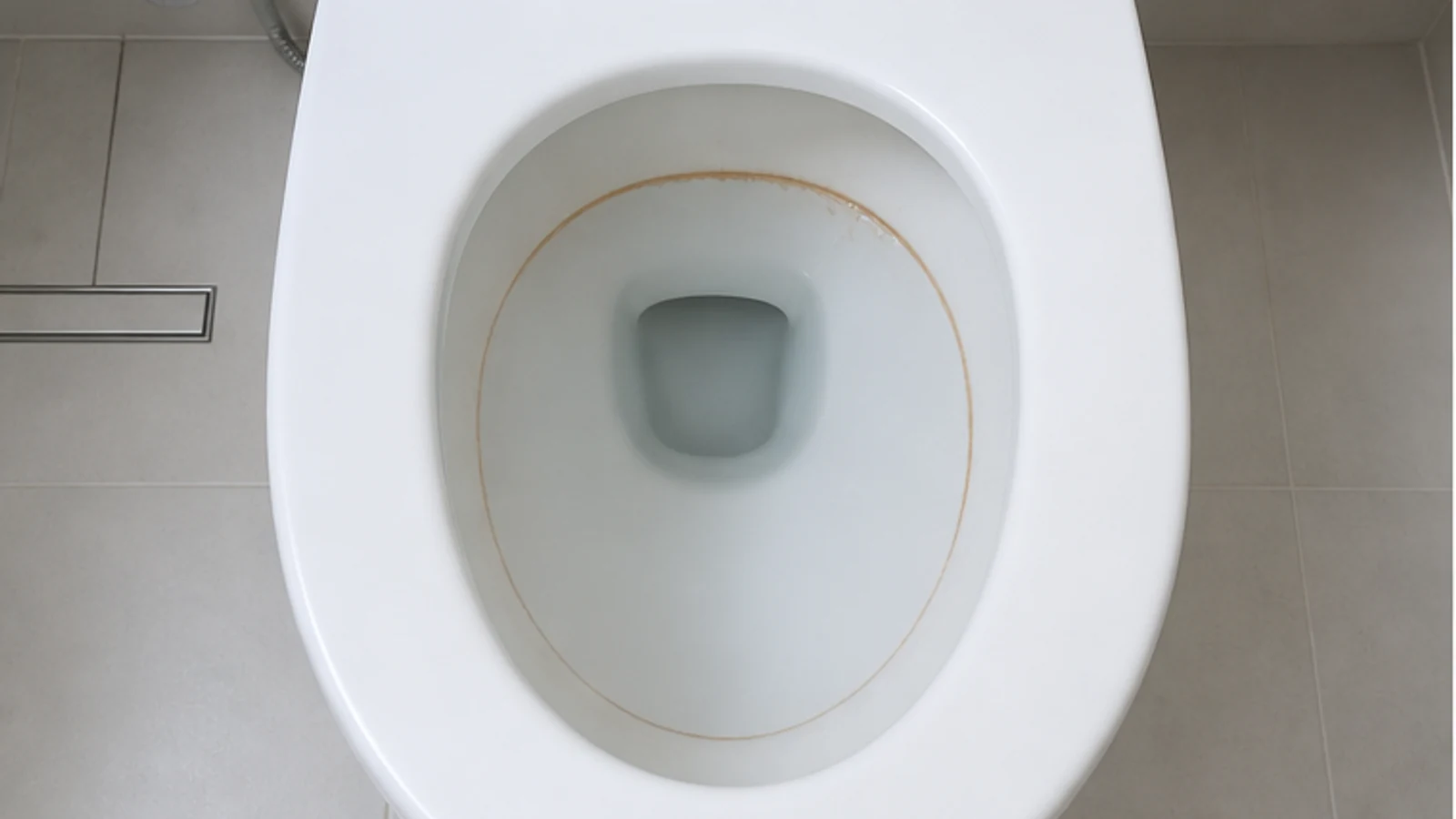 Overhead view of a toilet bowl with a brown mineral ring visible around the waterline before treatment.