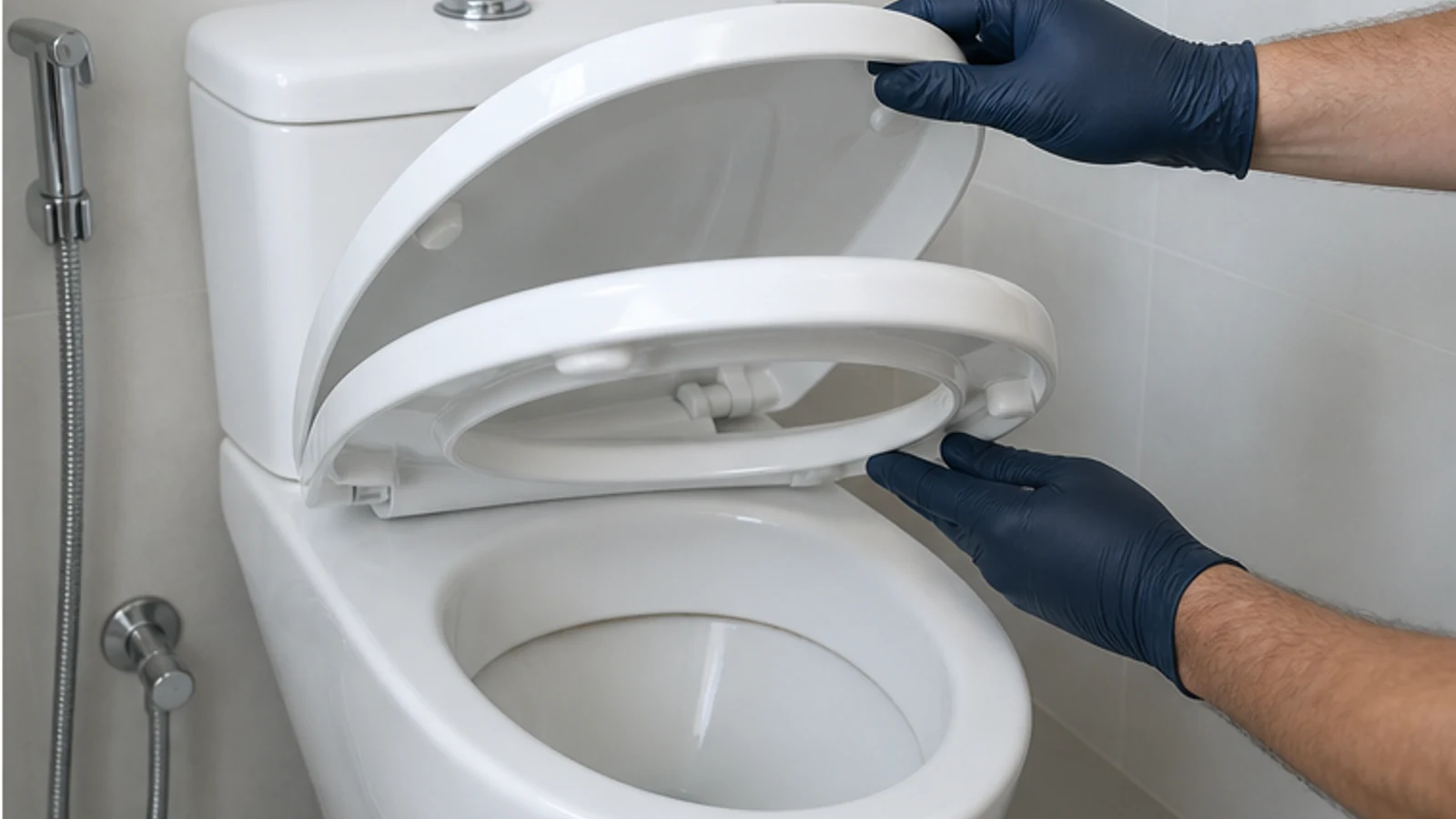 Gloved hand lifting the toilet seat and lid to inspect the bowl interior from above.
