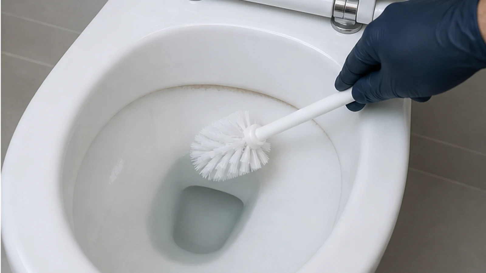 Gloved hand holding a toilet brush angled downward into the bowl, water pushed to one side, brown ring visible above waterline.