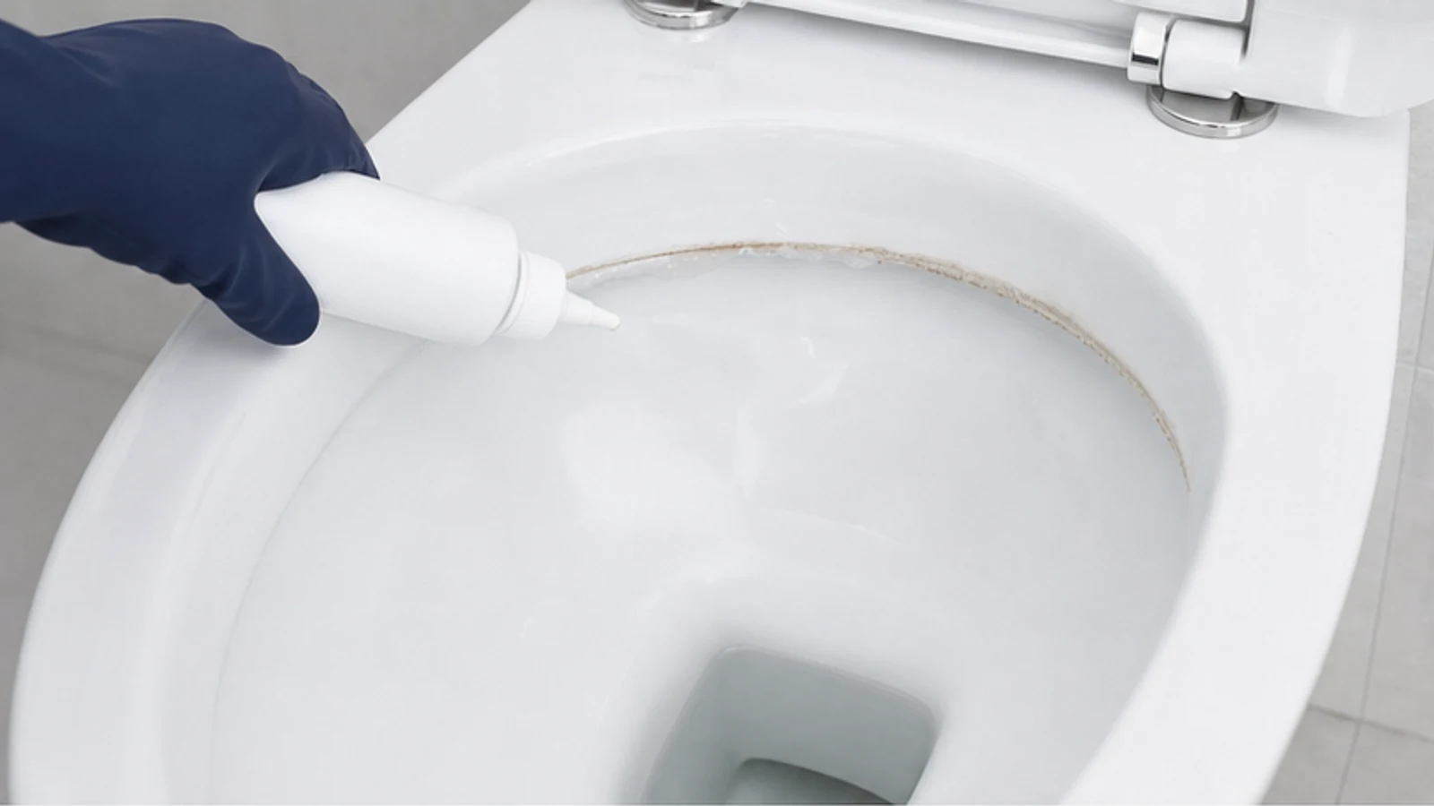 Gloved hand applying a labelled fixture-compatible hard-water cleaner inside a vitreous-china toilet bowl