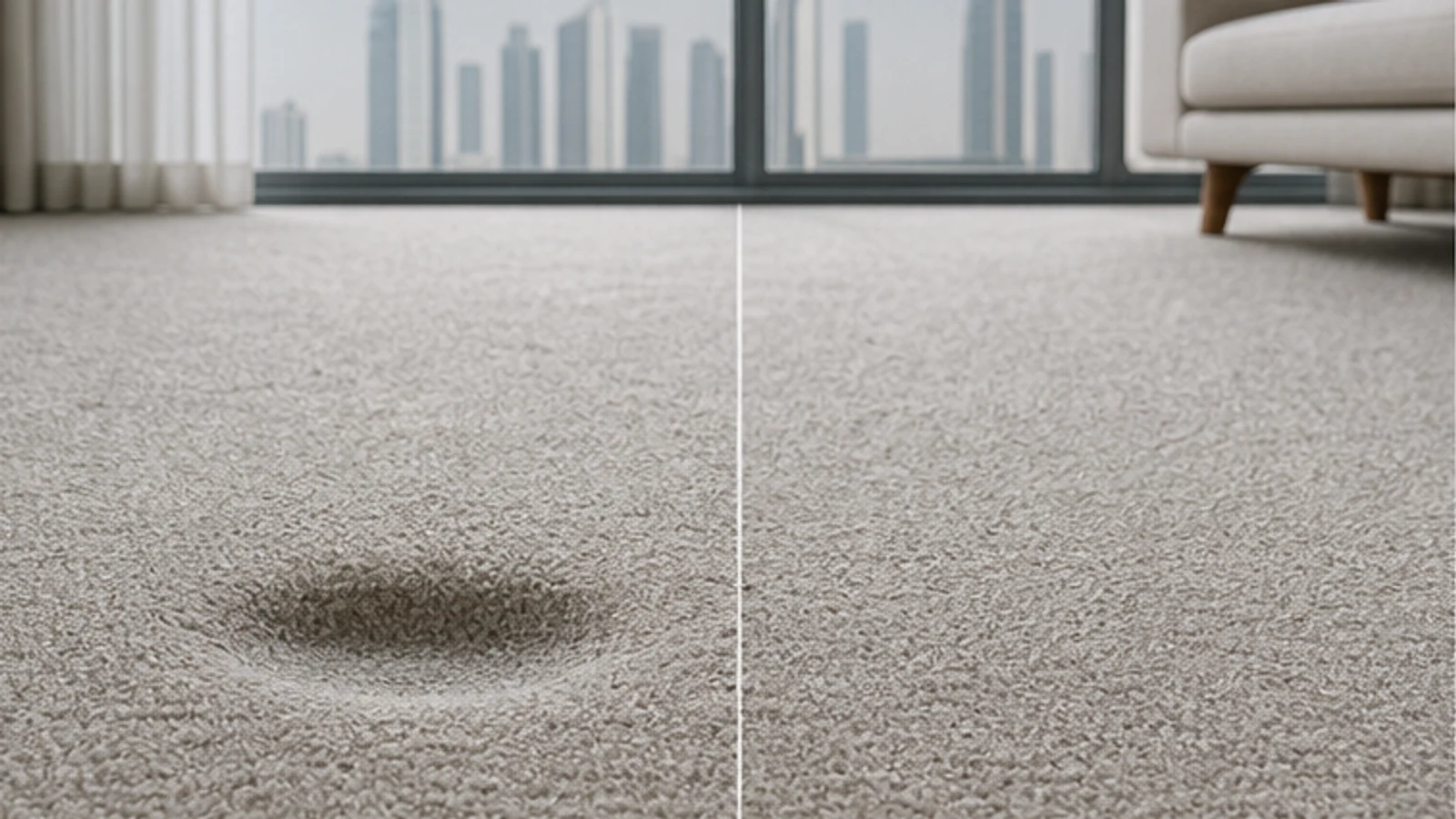 Before-and-after view of a carpet dent: left side shows compressed fibres from furniture leg, right side shows lifted fibres after ice cube treatment.