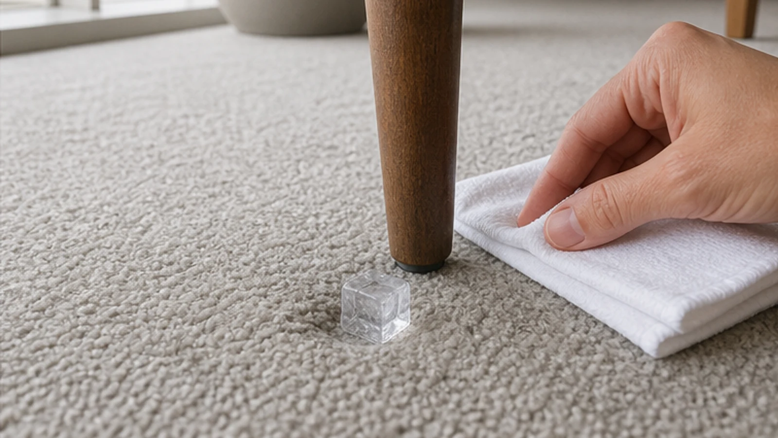 A single ice cube placed on carpet fibres in a hidden area behind furniture, demonstrating the test location.