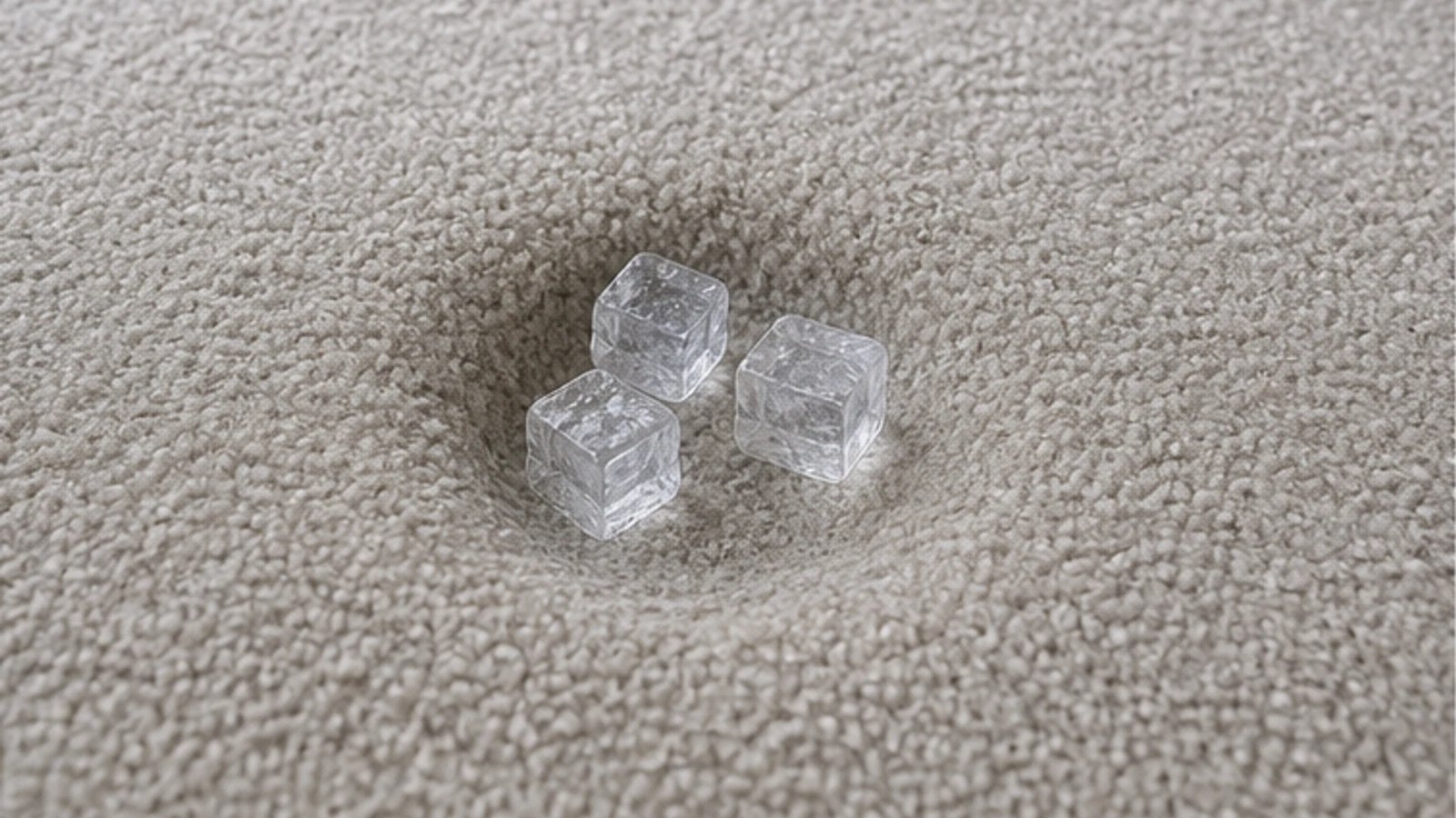 Three ice cubes positioned directly over a visible carpet dent from a furniture leg.