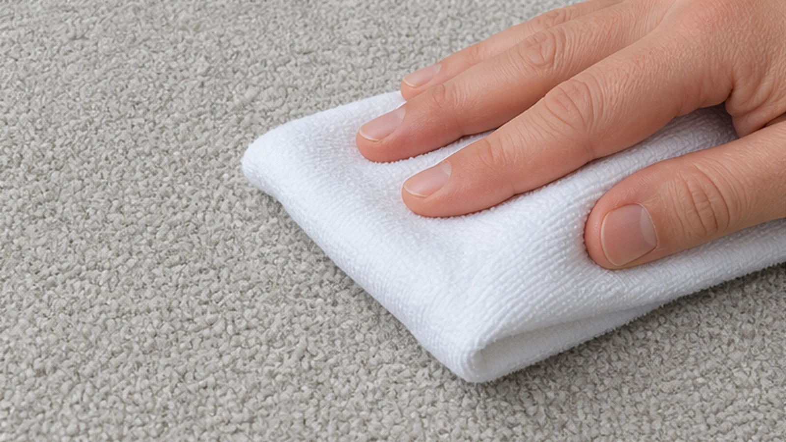 A white towel pressed down on the treated dent area, absorbing remaining moisture from the carpet.