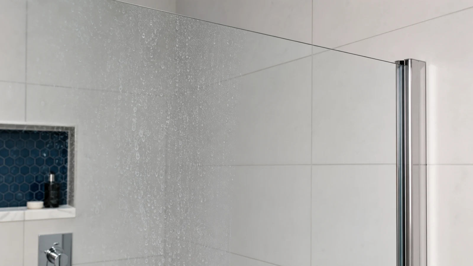 Half of a shower glass door showing cloudy limescale on the left side and clear glass on the right side after cleaning