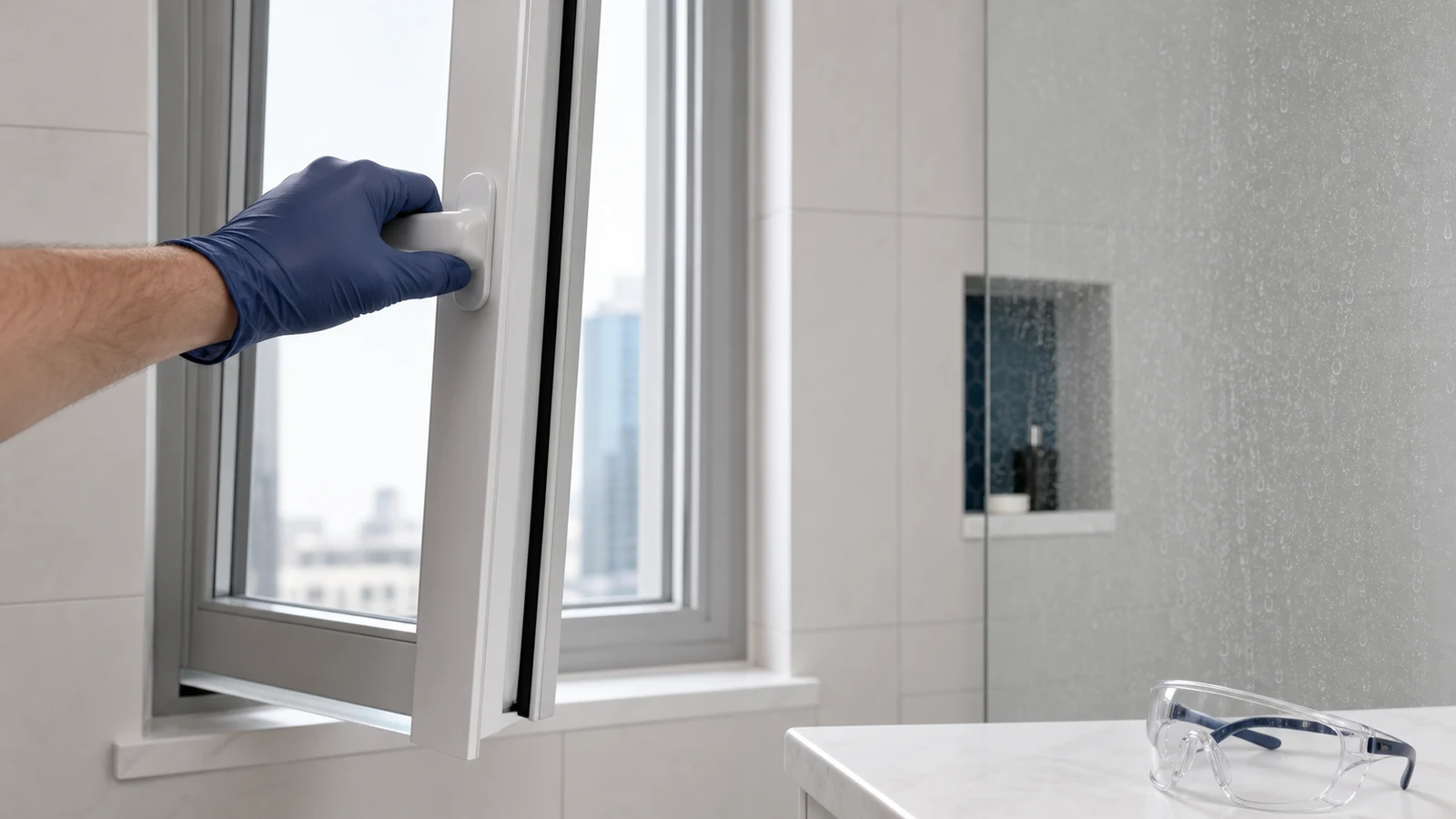 A pair of hands in rubber gloves opening a bathroom window next to a shower enclosure