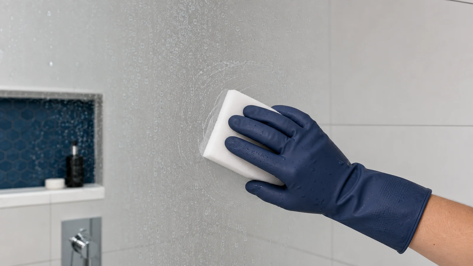 A soft sponge scrubbing a wet, cloudy area of shower glass with gentle circular motions