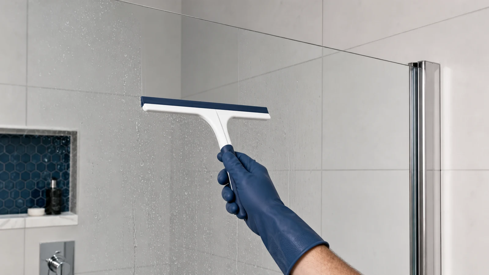 A squeegee wiping water from top to bottom of a now-clear shower glass panel, water streaming down