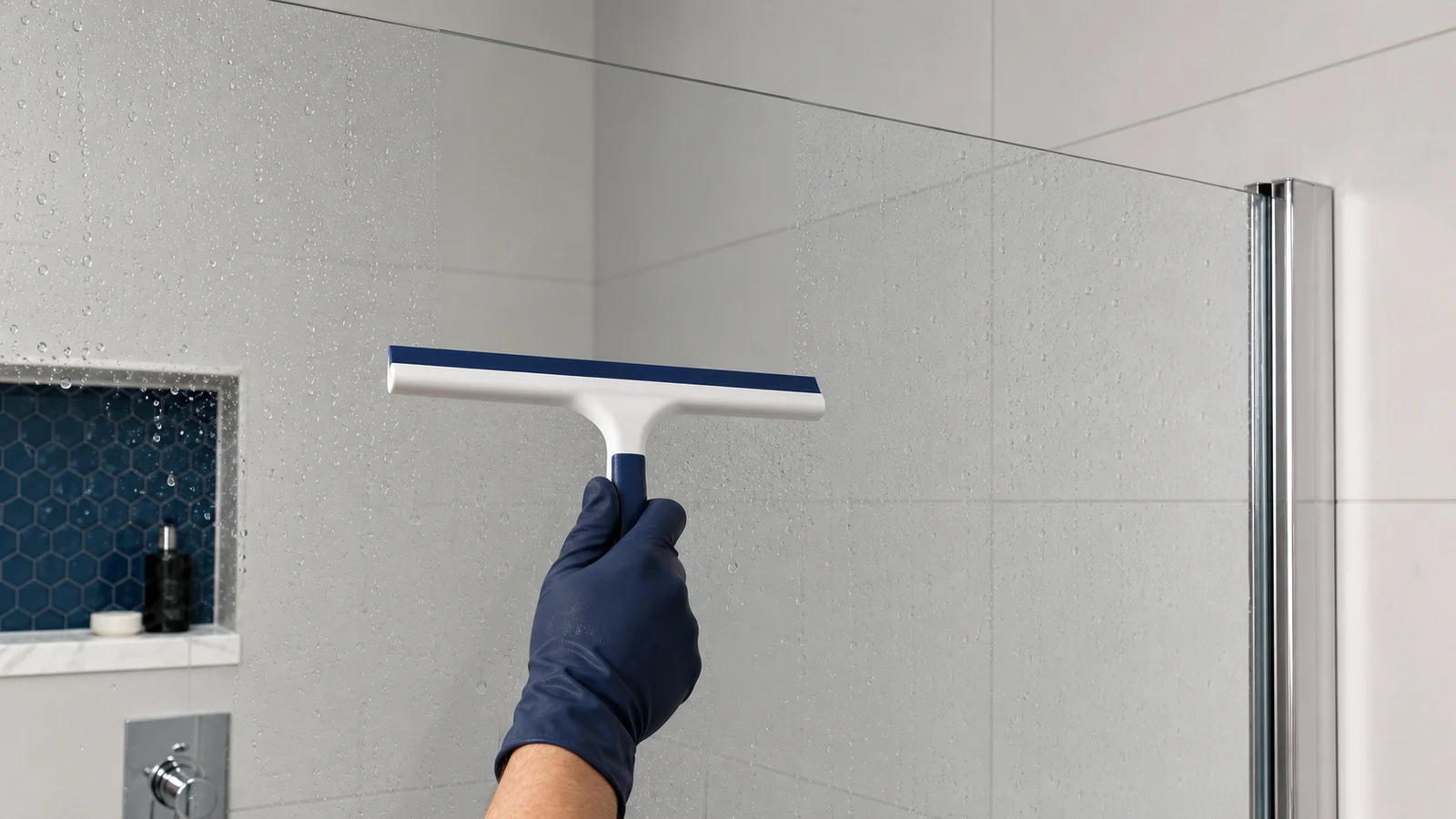 A hand holding a squeegee wiping a shower glass door immediately after use, with water droplets falling