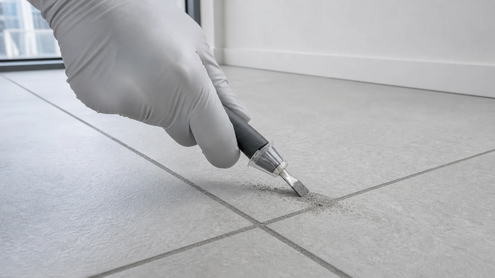 Close-up of a hand using a grout removal tool on a crumbling grout joint between ceramic floor tiles, with dust visible in the air.