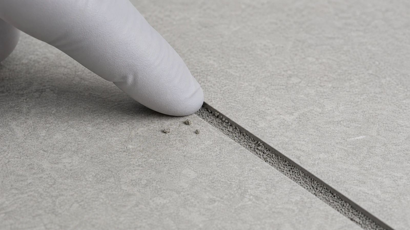 Close view of a finger pressing on a crumbling grout joint between tiles, showing loose material falling away.