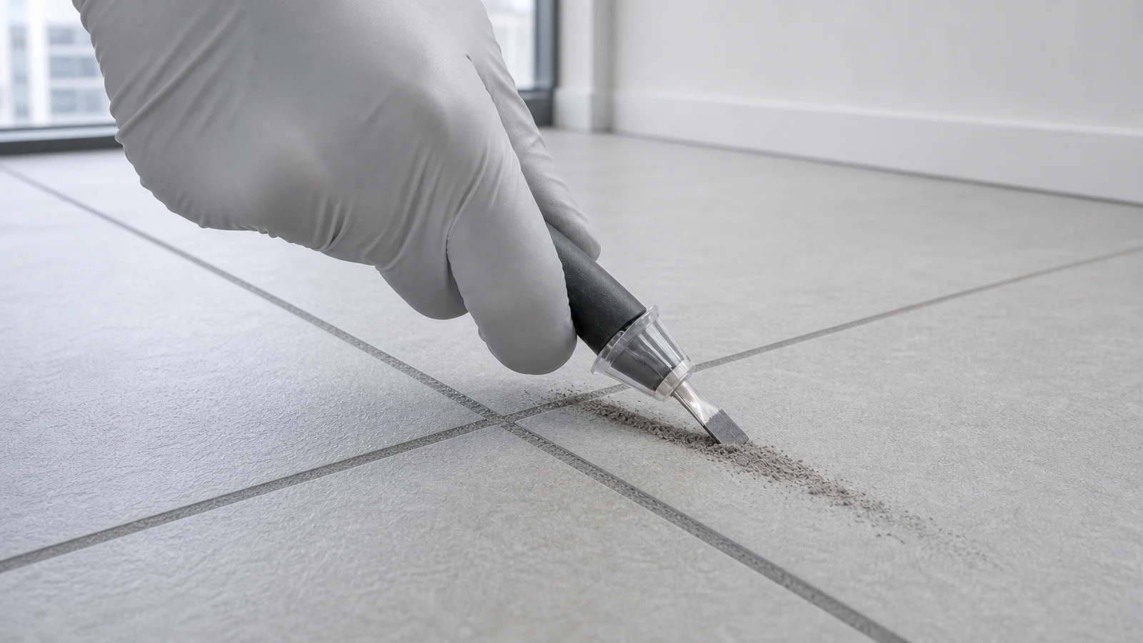 A depth-controlled grout removal tool scraping along a grout joint, with loose material being extracted.
