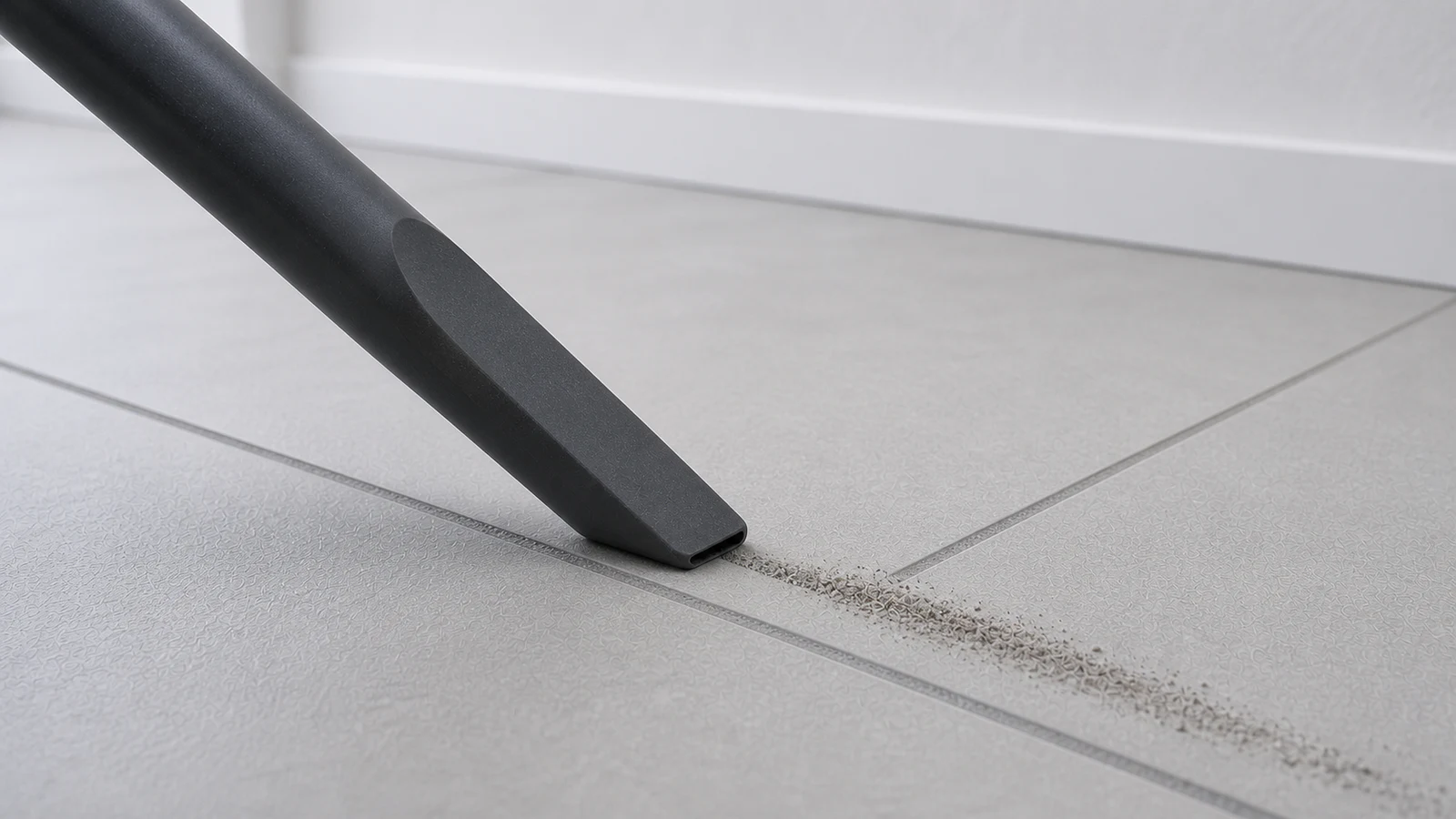 A handheld vacuum nozzle positioned over a clean grout joint, extracting remaining dust.
