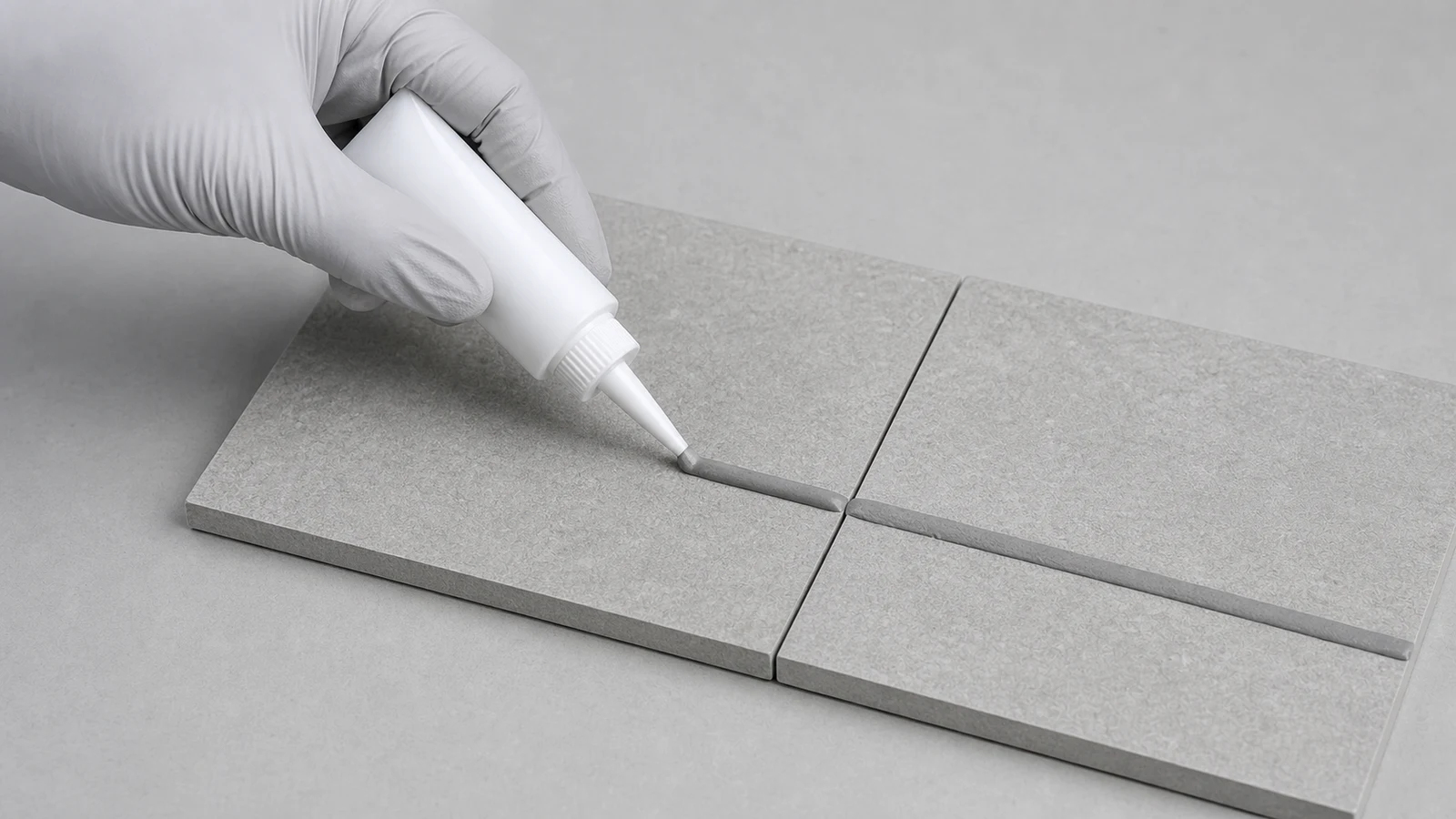 A test application of pre-mixed grout on a spare tile or hidden joint, showing colour match.