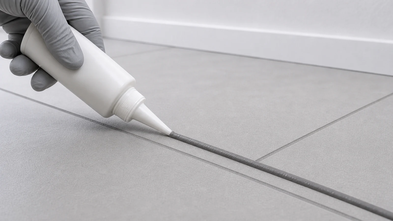 A pre-mixed grout tube held at a 45-degree angle, applying grout directly into a tile joint.