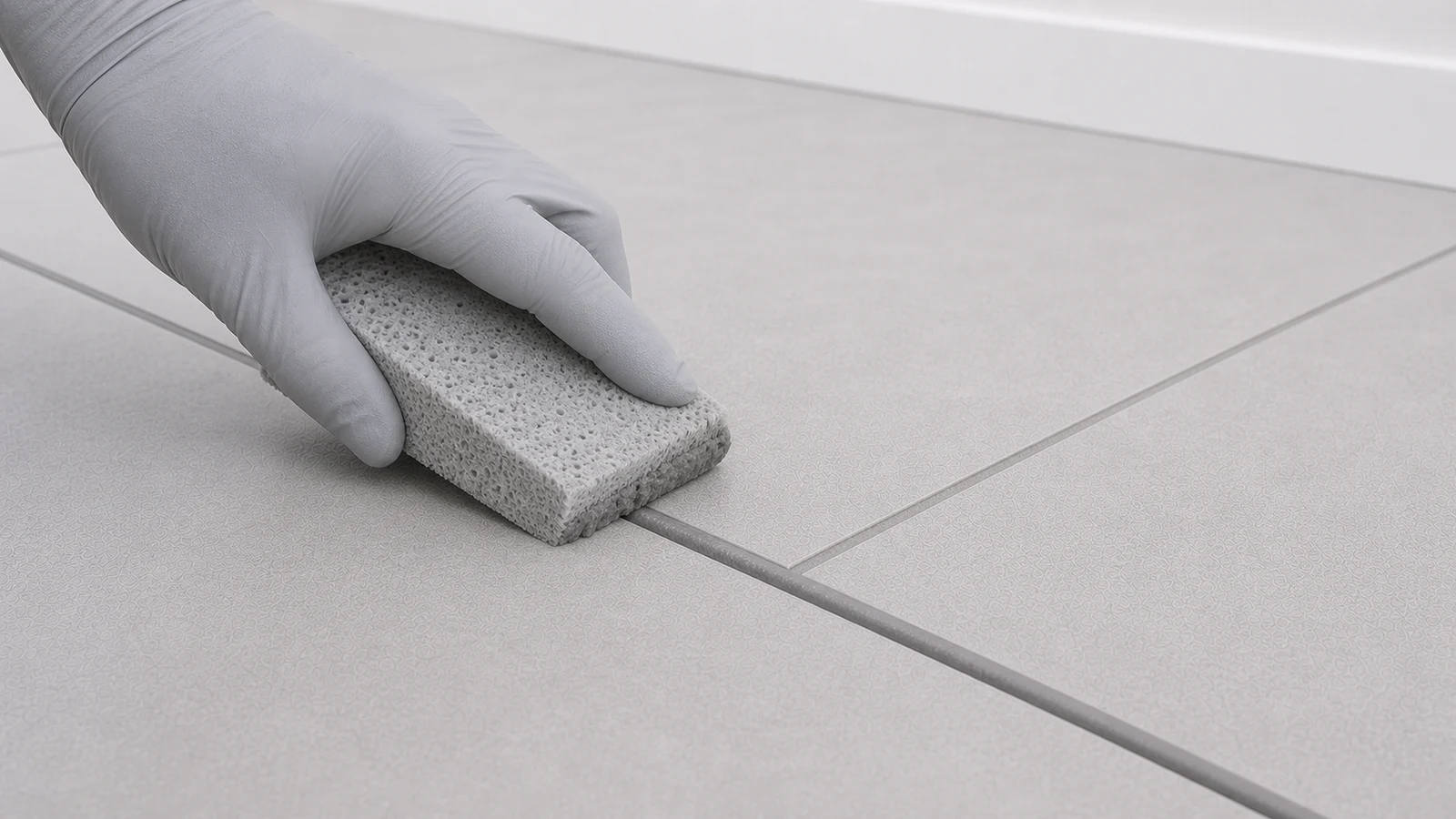 A wet sponge smoothing newly applied grout flush with the tile surface, using a diagonal stroke.