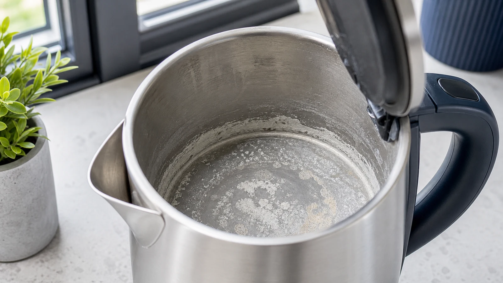 Interior base of an electric kettle showing heavy white and tan limescale deposits covering the heating element.