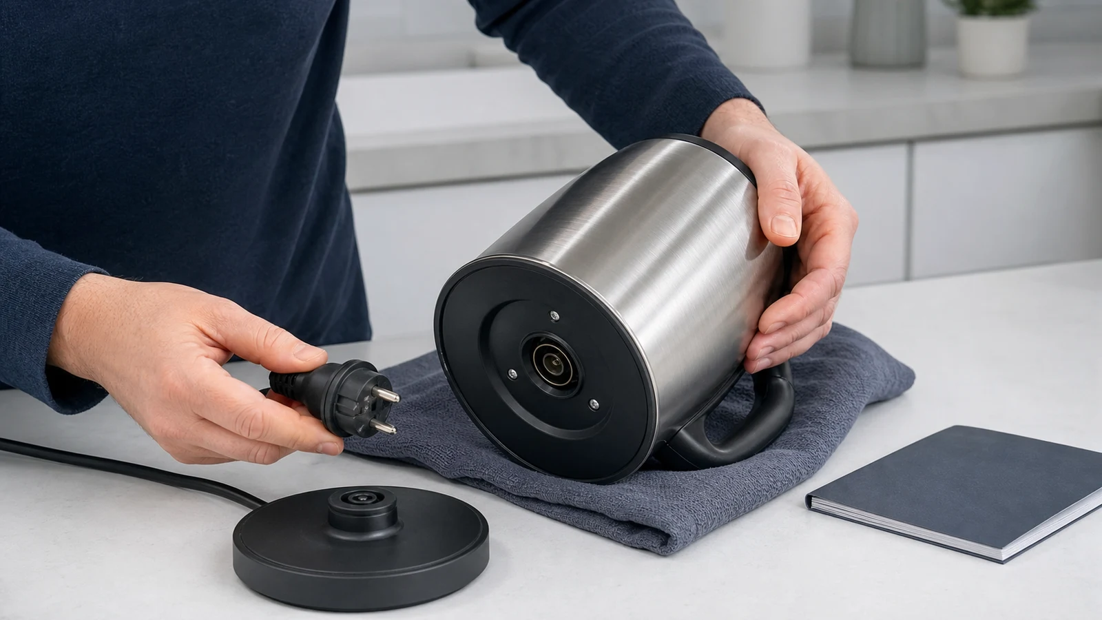 An unplugged electric kettle being inspected at its cord, base and seams beside a blank instruction booklet.
