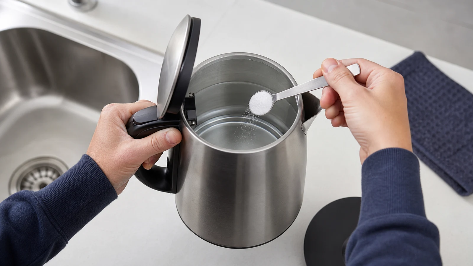 Pouring a measured amount of citric acid powder from a teaspoon into a kettle half-filled with water, viewed from above.