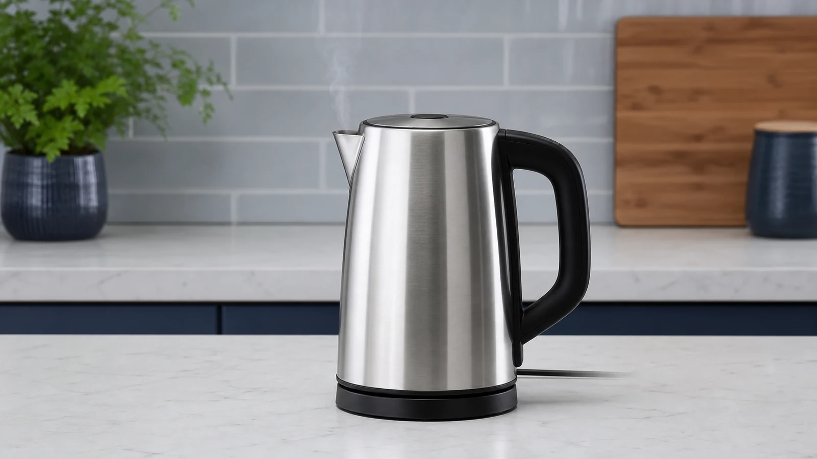 An electric kettle with the lid closed, steam just visible from the spout, sitting undisturbed on a kitchen counter.