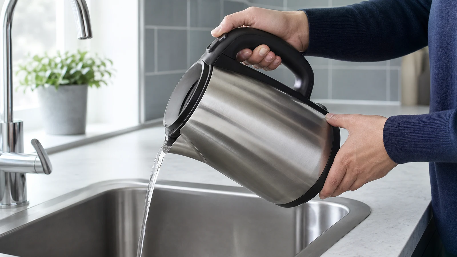 A cooled clear descaling solution being poured carefully from a kettle into a kitchen sink without steam or splashing.