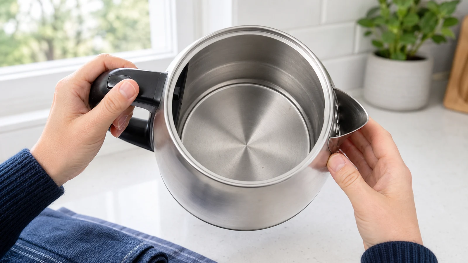 Interior of a descaled kettle viewed from above, showing a mostly clear base with faint residual spotting, held up to daylight.