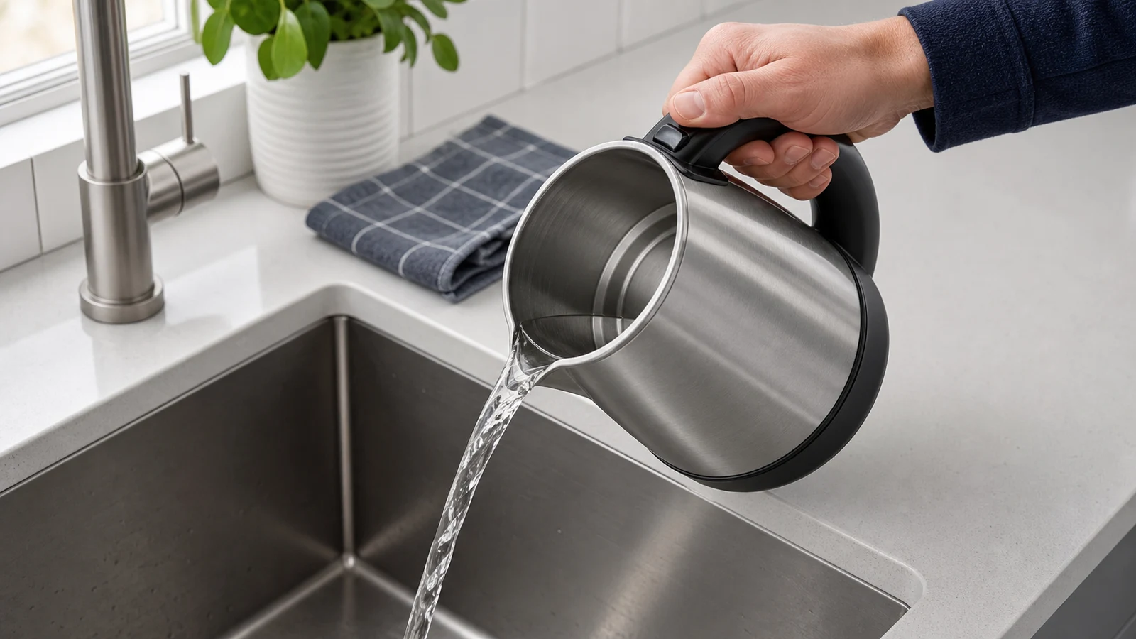 A final clear rinse being poured from the kettle into the sink after the last fresh-water cycle.