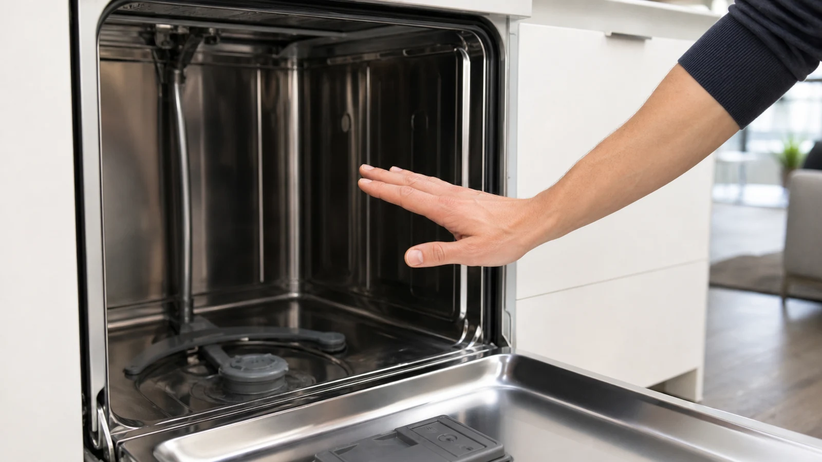 A hand hovering above the open dishwasher cavity after the appliance has been switched off and allowed to cool