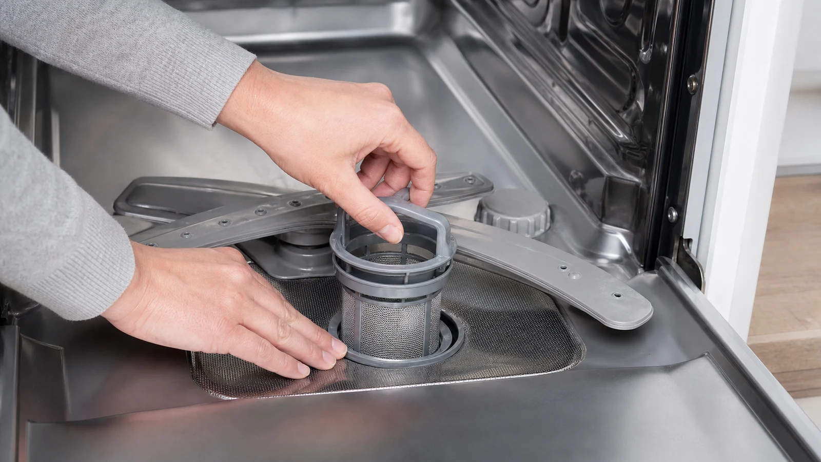 Hands rotating the filter basket anticlockwise inside the dishwasher cavity