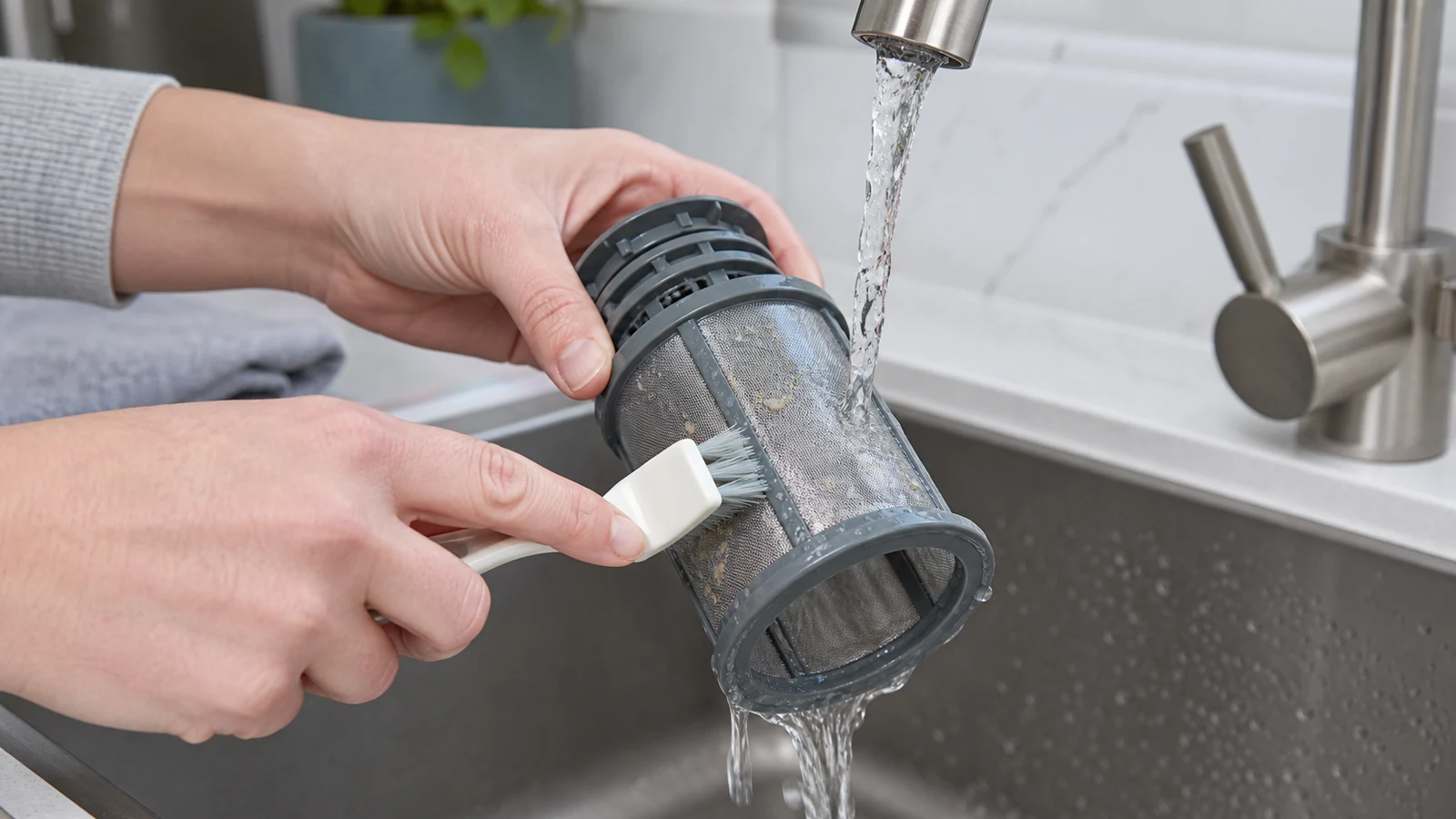 Filter basket held under a sink tap with water flowing over it while a soft brush cleans the mesh