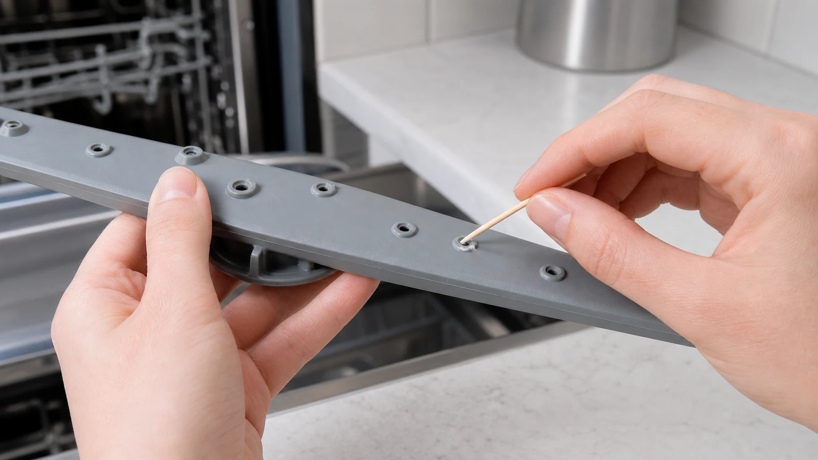 A soft plastic pick gently inserted into a spray arm nozzle hole, with mineral deposits visible around the opening
