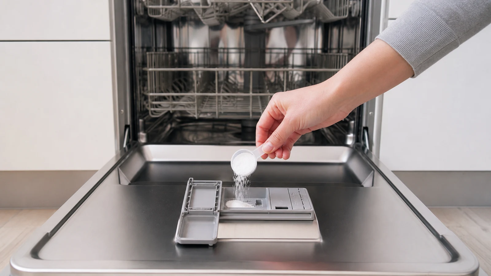 The door-mounted detergent dispenser open on an empty dishwasher, ready for a manufacturer-approved descaling product