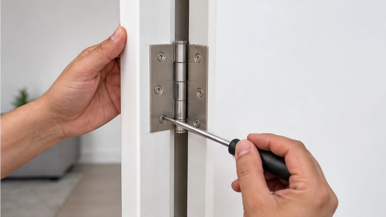 Close-up of a hand using a screwdriver to tighten a screw on a top door hinge, with the door held open.
