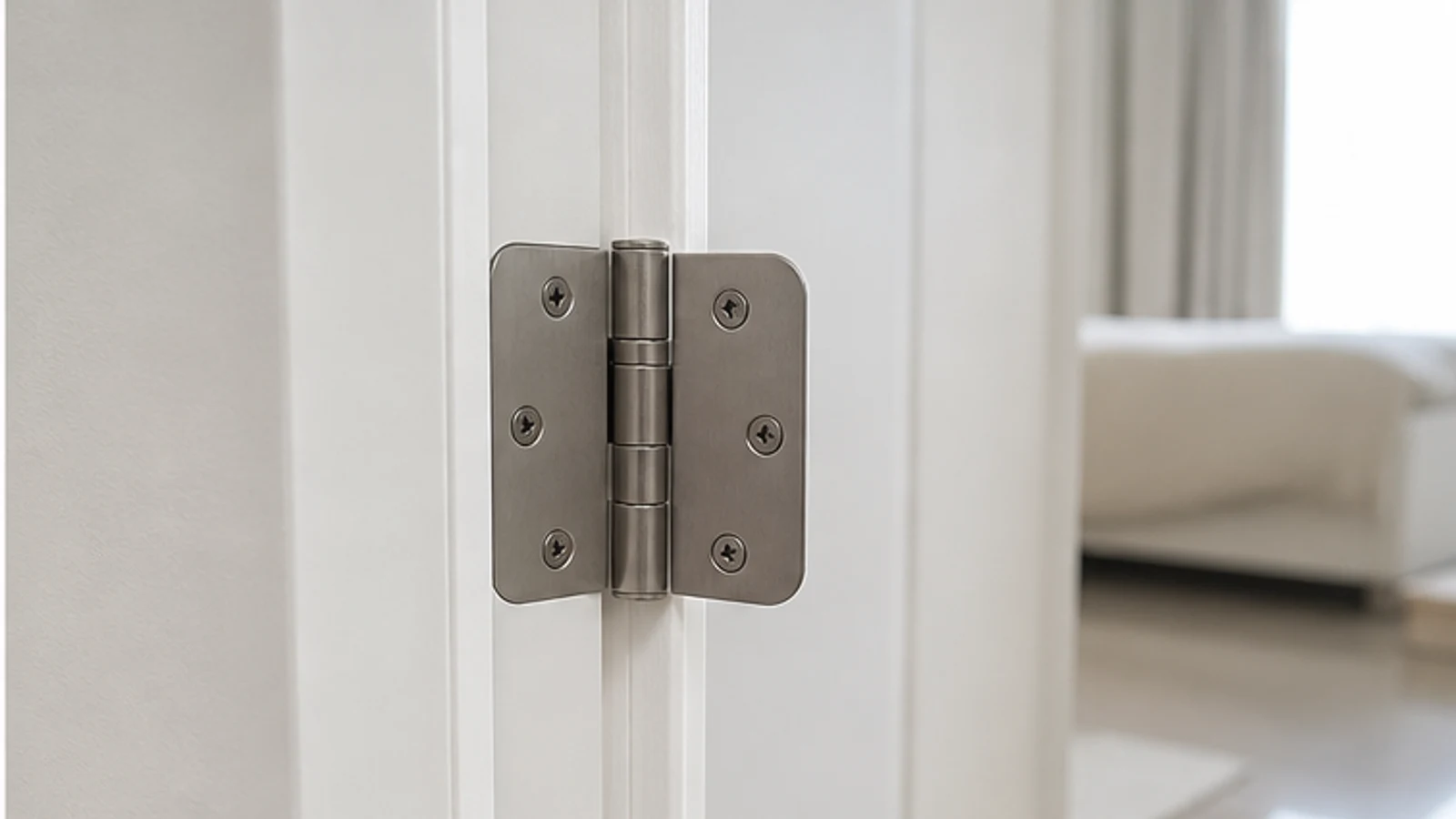A hand inserting a longer wood screw into the top hole of the top door hinge, with the original shorter screw visible beside it.