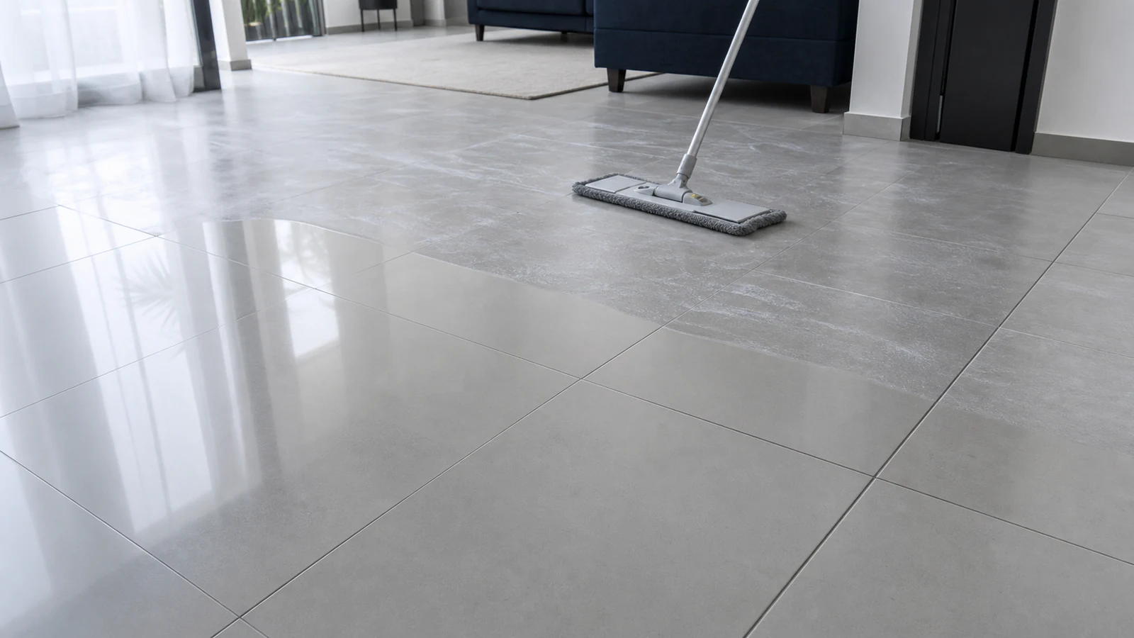Half of a ceramic tile floor gleaming with restored shine on the left; the right half remains dull with detergent residue visible in soft daylight.
