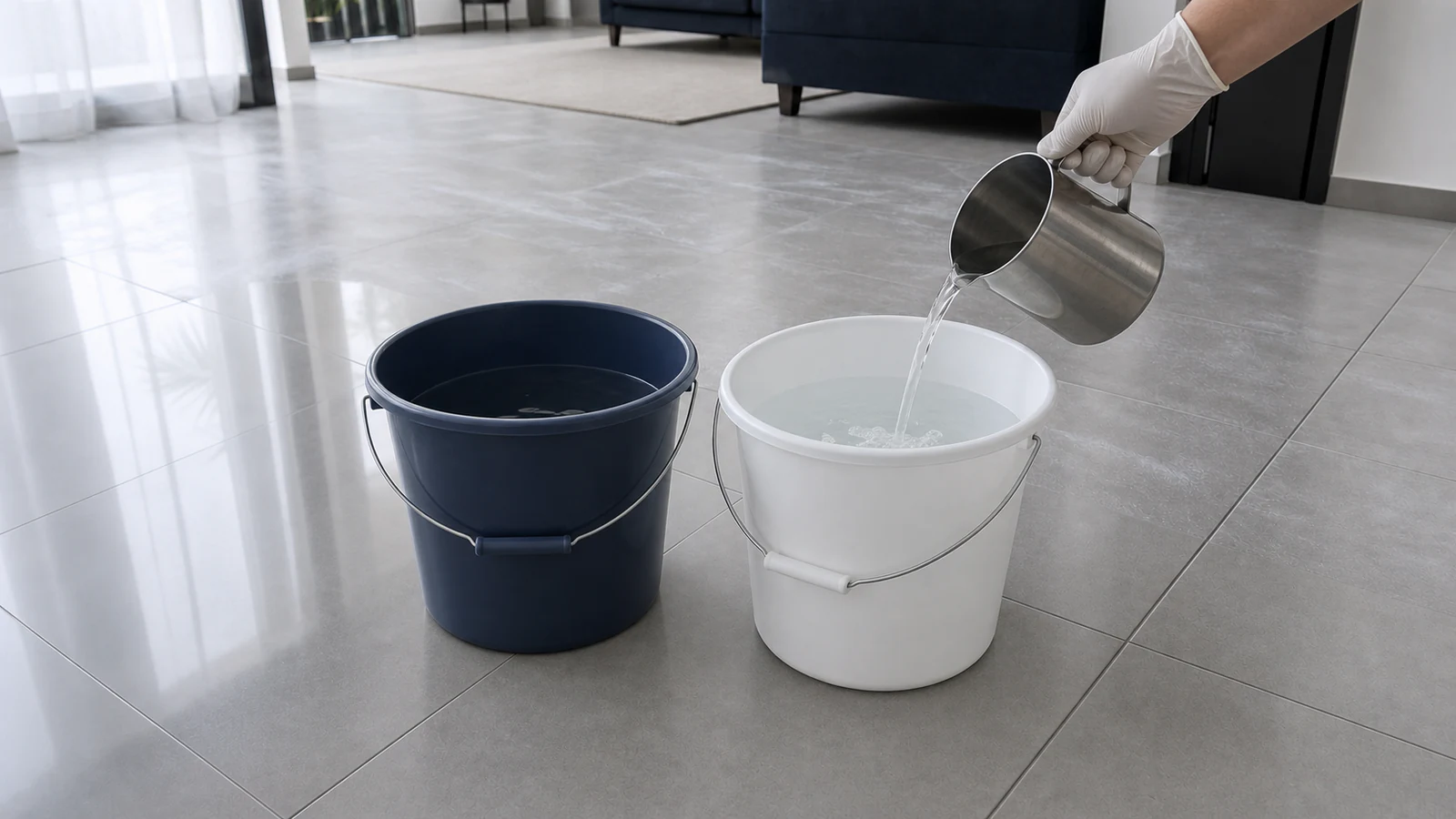 Two large plastic buckets filled with water side by side on a tiled floor; one bucket slightly closer to camera, both filled to three-quarters capacity.